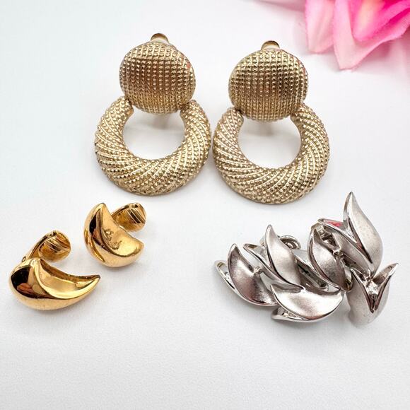 Trifari Jewelry - Vintage 3 Pair Clip On Earring Lot Includes Trifari & Unsigned Door Knocker